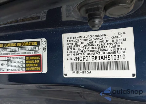 2010 Honda Civic Ex z USA, uszkodzony, nr VIN 2HGFG1B83AH510310